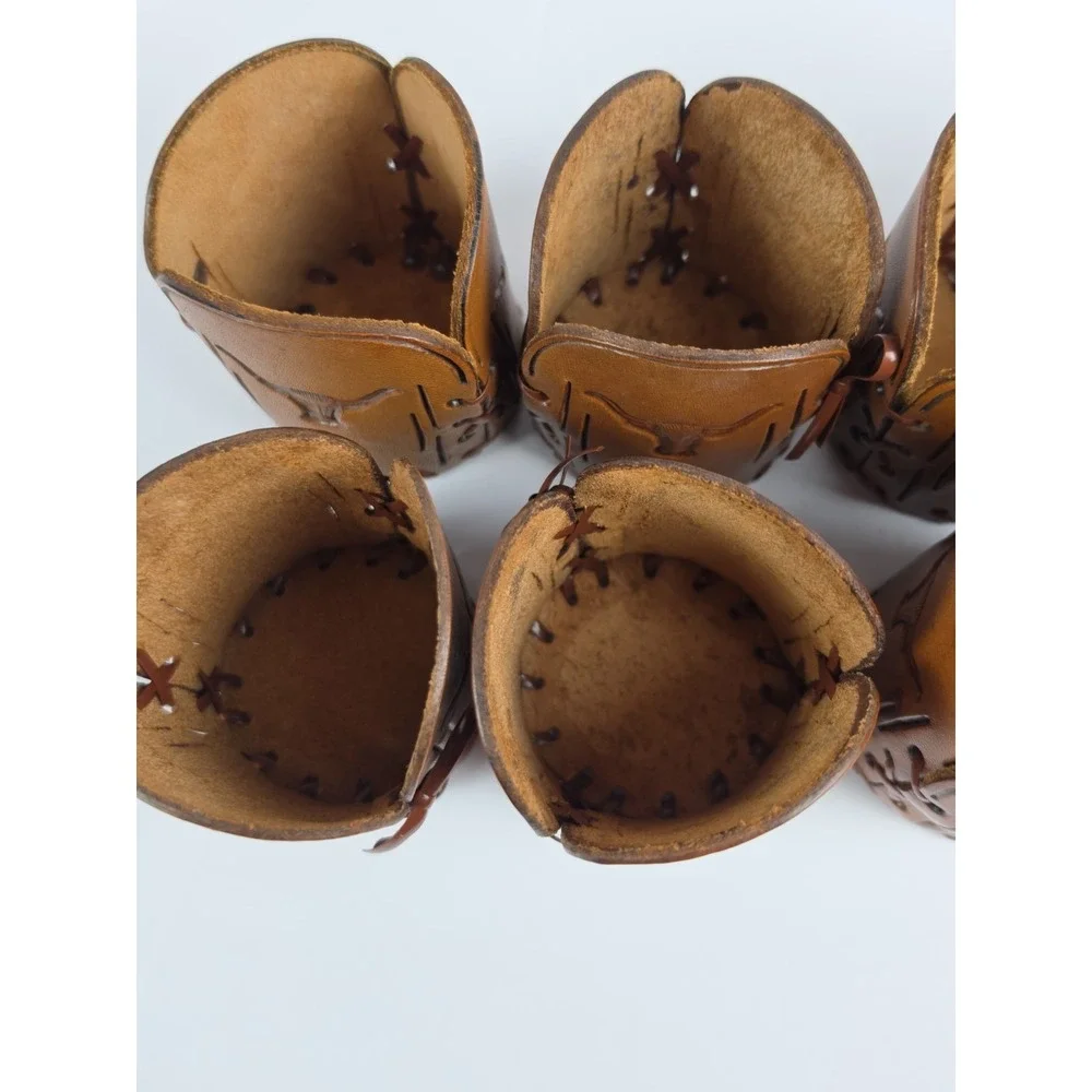 Vintage Hand Tooled Western Longhorn Leather Cozies Glass Holders Set of 8